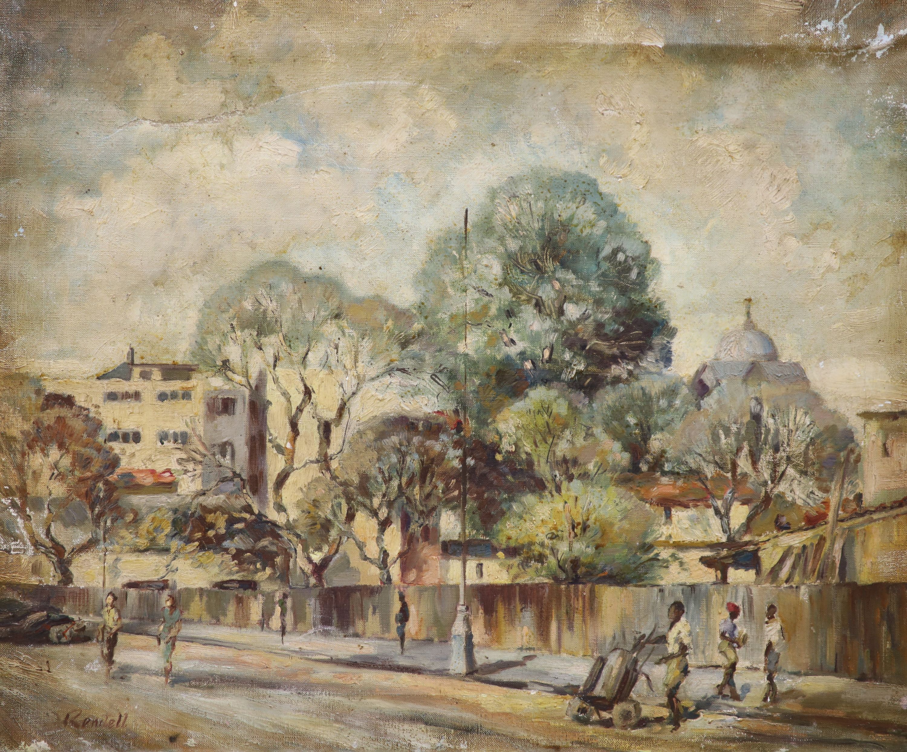 J. Rendell, oil on canvas, 'Behind Meikles Hotel, Manica Road, Rhodesia', signed and inscribed verso, 51 x 61cm, unframed